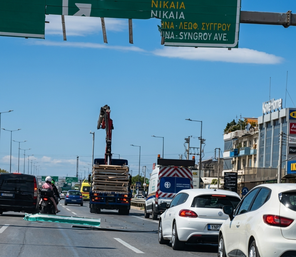 Γερανός παρέσυρε πινακίδα στον Κηφισό – Δύο επιβάτες μηχανής σώθηκαν στο παρά πέντε – Δείτε βίντεο