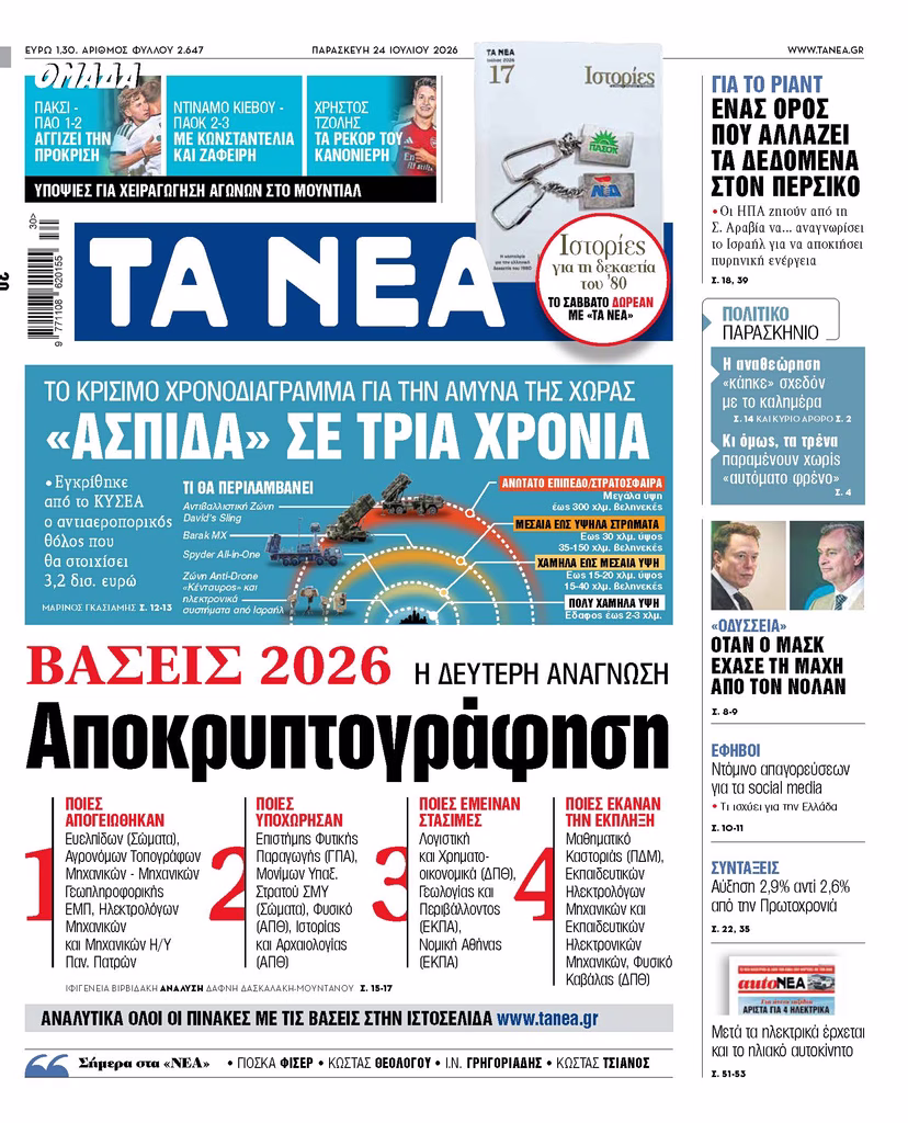 Διαβάστε στα «ΝΕΑ» της Παρασκευής: «Ασπίδα» σε τρία χρόνια
